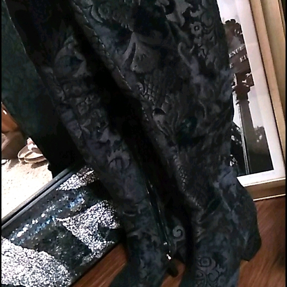 Velvet over the knee square heeled boots - Picture 1 of 2